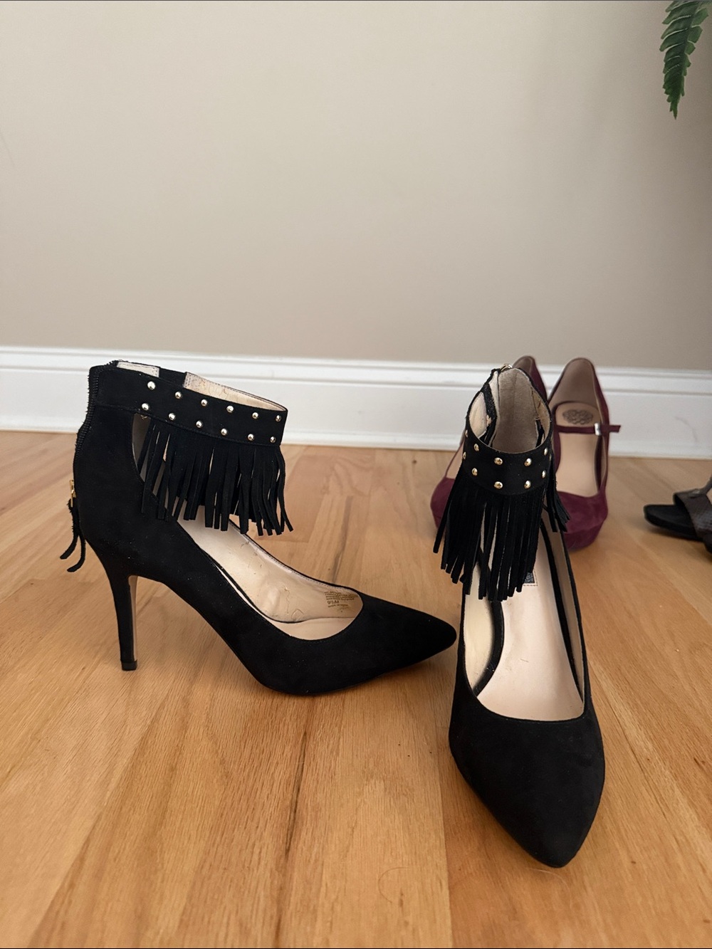 INC International Concepts Black Fringe Ankle-Strap Pointed Pumps